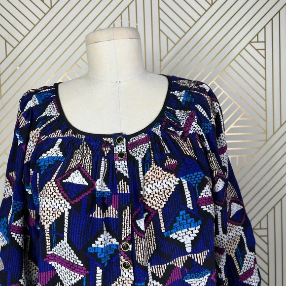Yumi Kim Isi Geometric Smocked Button Front Printed Blouse Print Size US Medium - Picture 2 of 11